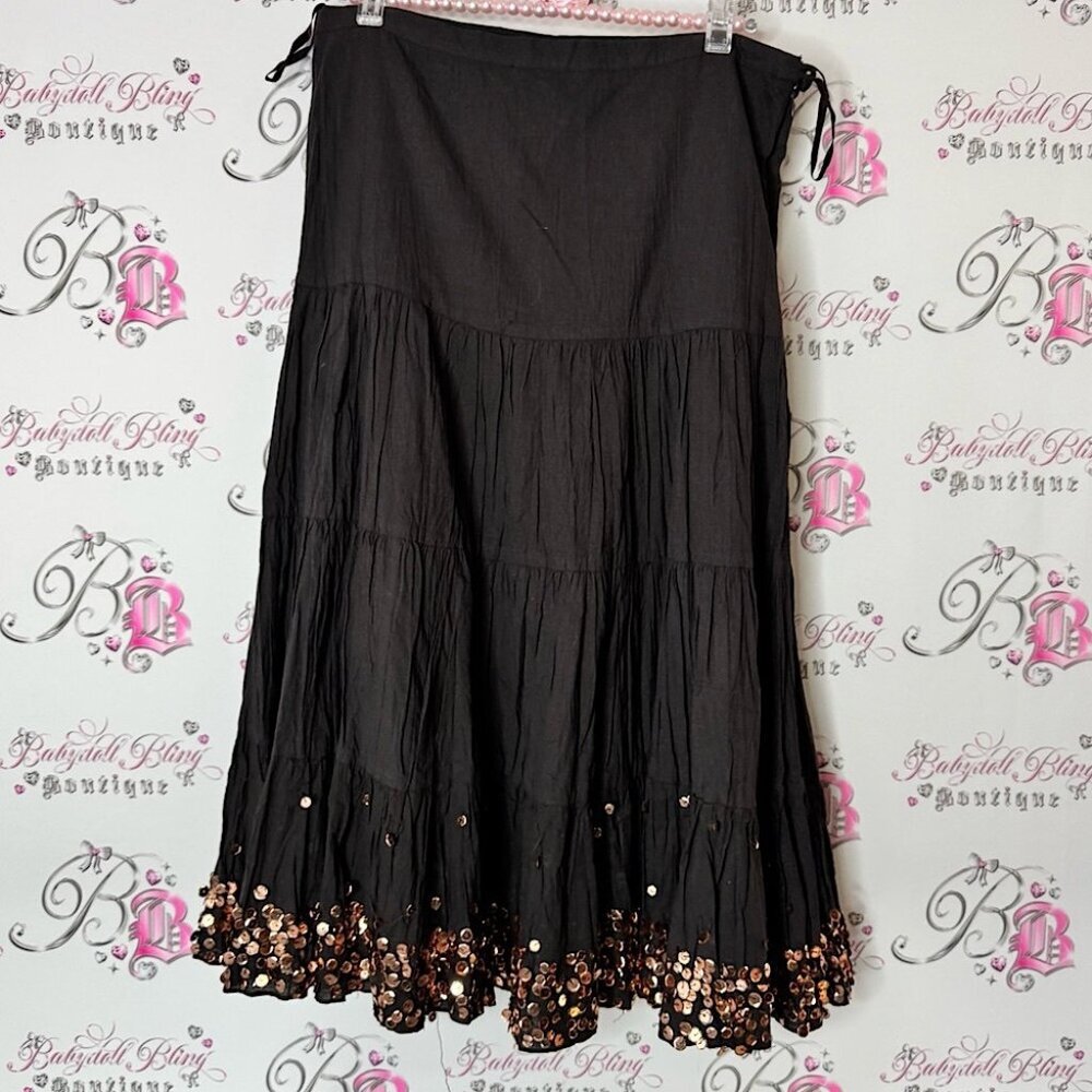 Suzy Shier sparkly Maxi A-Line Skirt with Tiered Embellishments sequins brown
